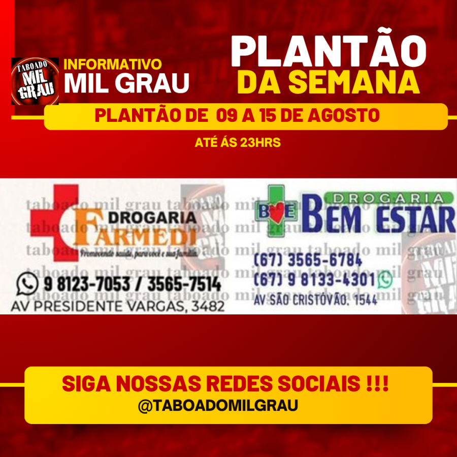 PLANTÃO DE FARMÁCIAS DA SEMANA EM APARECIDA DO TABOADO